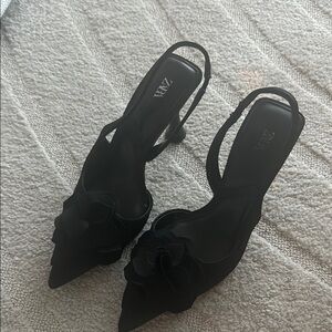 Zara Black Slingback Heels with Floral Detail